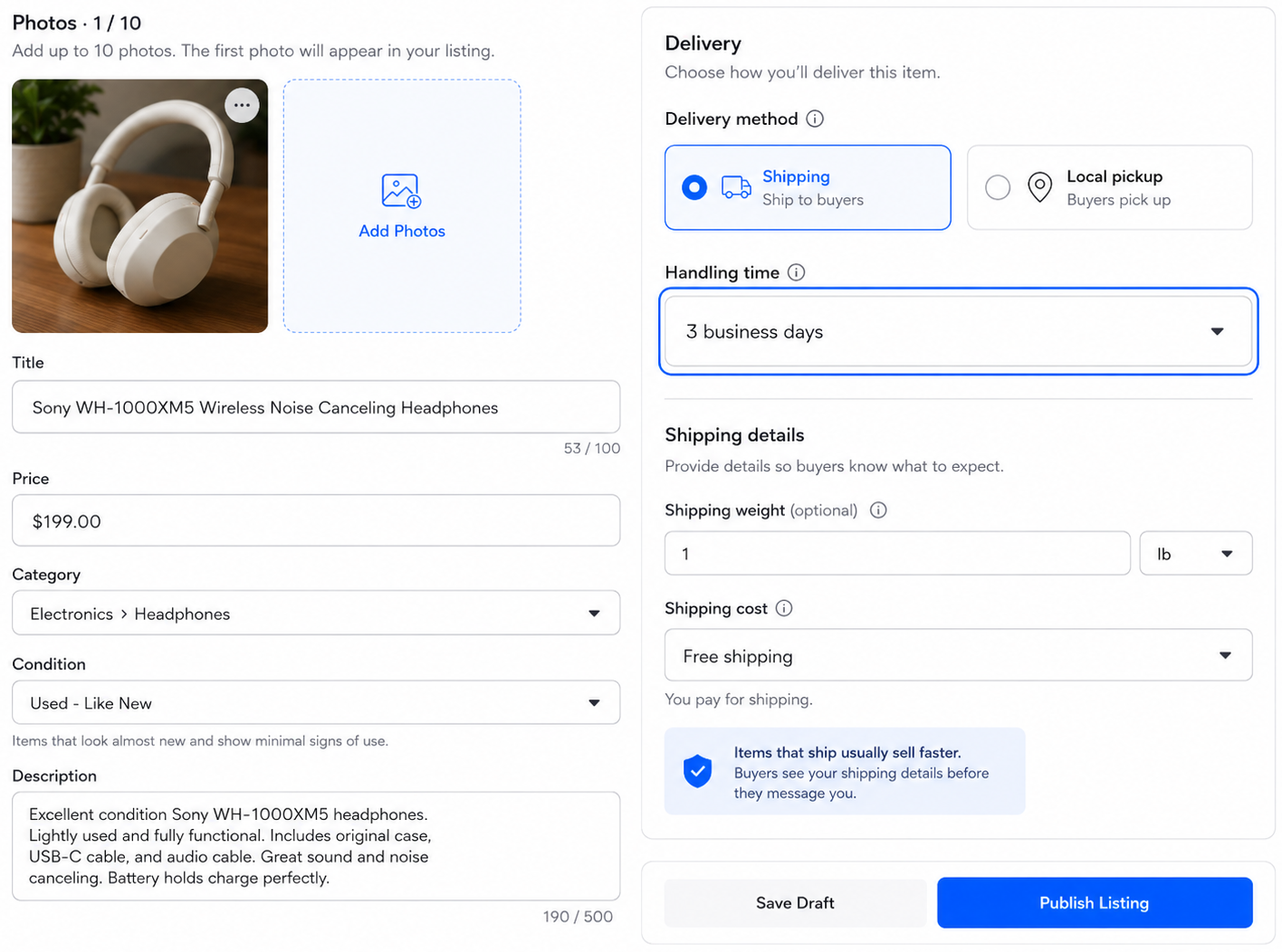 The Facebook Marketplace listing form with Shipping and Local pickup options and the seller-set handling time.