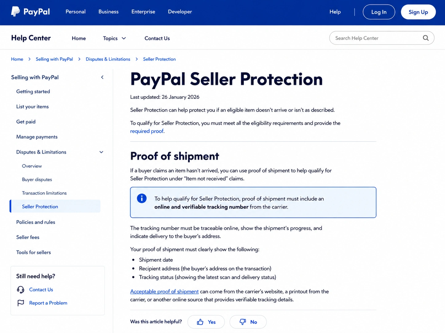 PayPal Seller Protection page showing the proof of shipment tracking number requirement