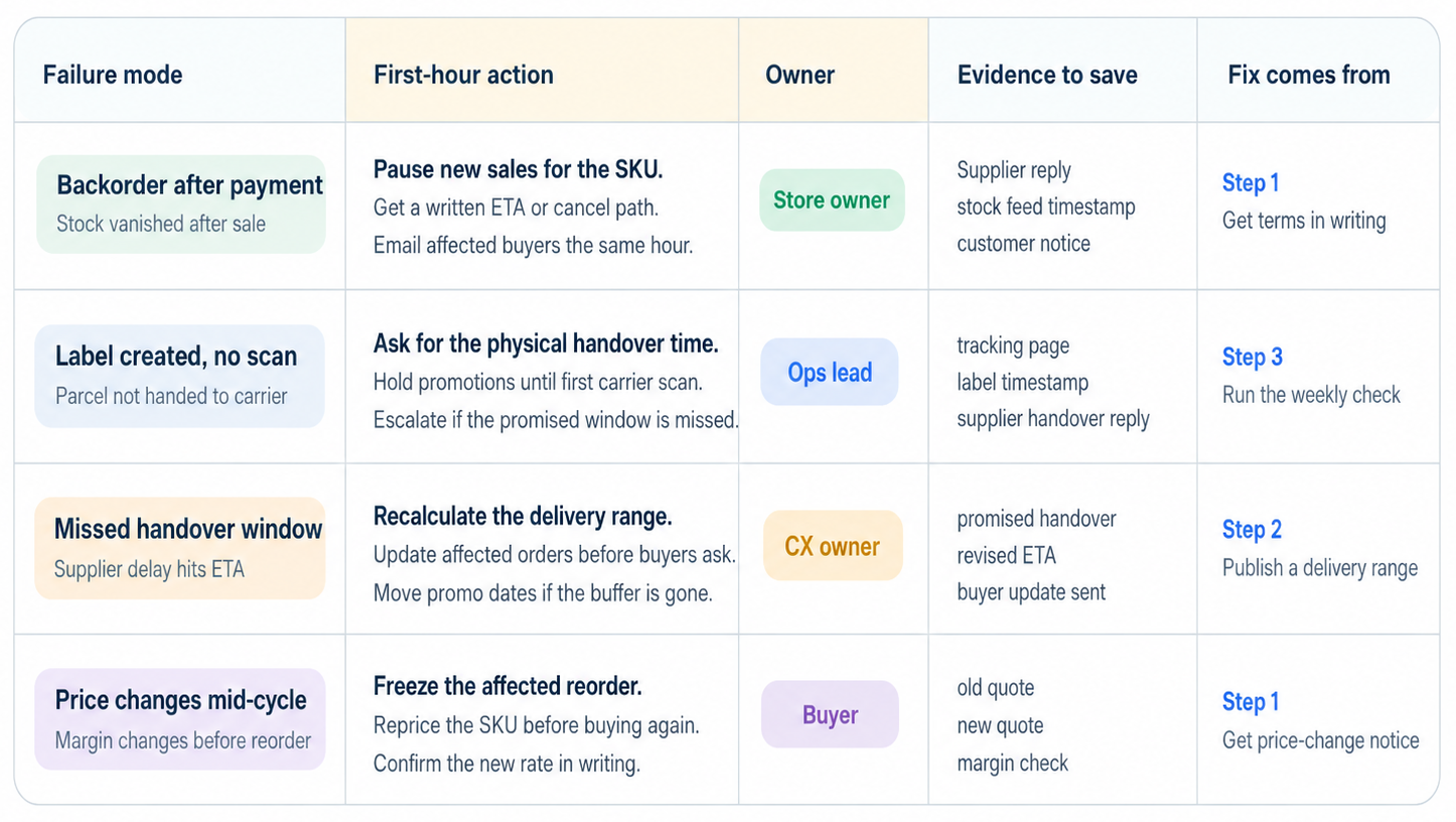 Four-row table mapping each failure mode to its first-hour action and owner
