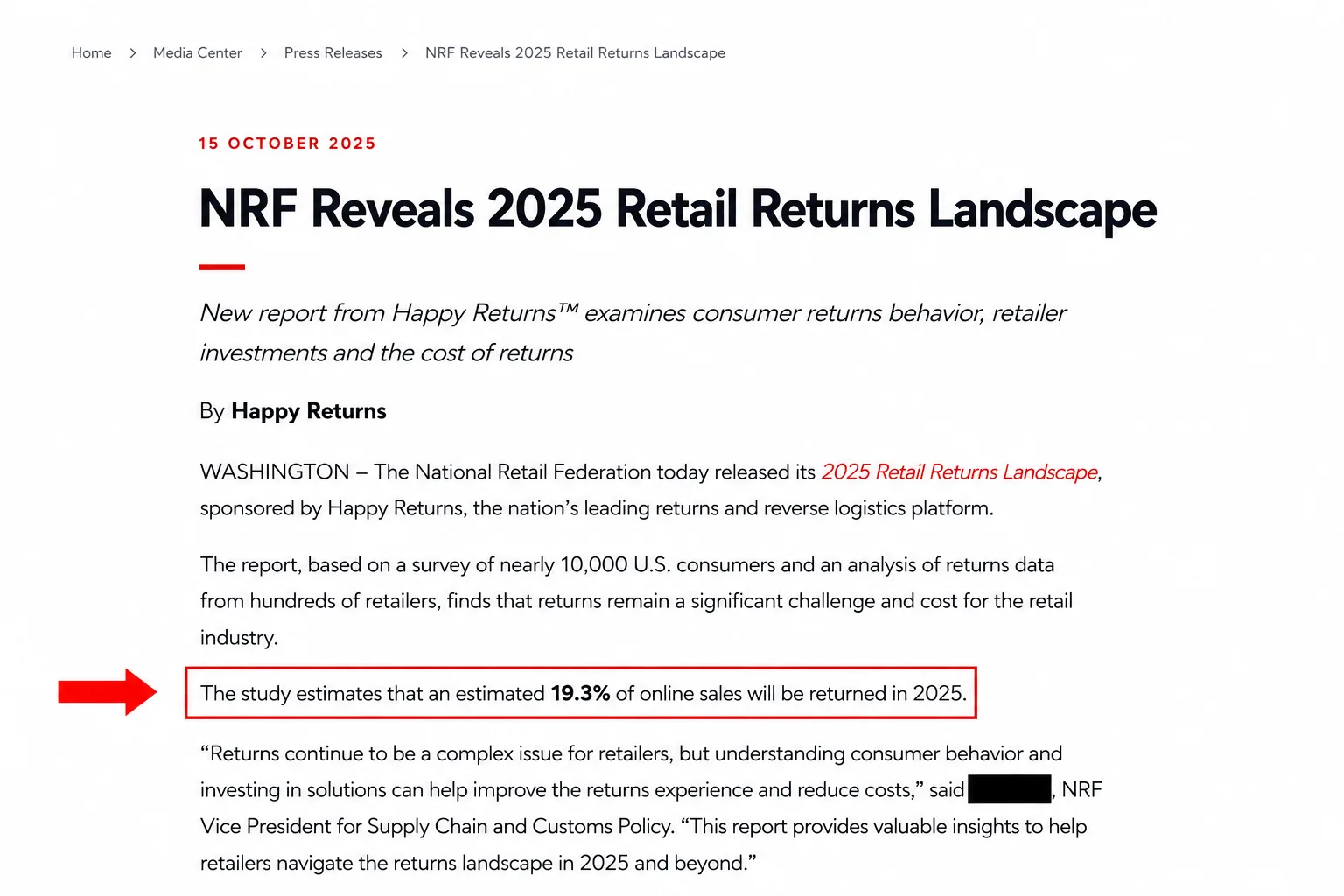 National Retail Federation press release headline about $850 billion in returns with the 19.3% online return figure highlighted.