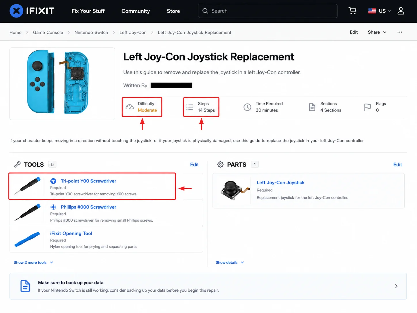 iFixit repair guide page for Left Joy-Con joystick replacement showing the required tri-point Y00 screwdriver and difficulty rating.