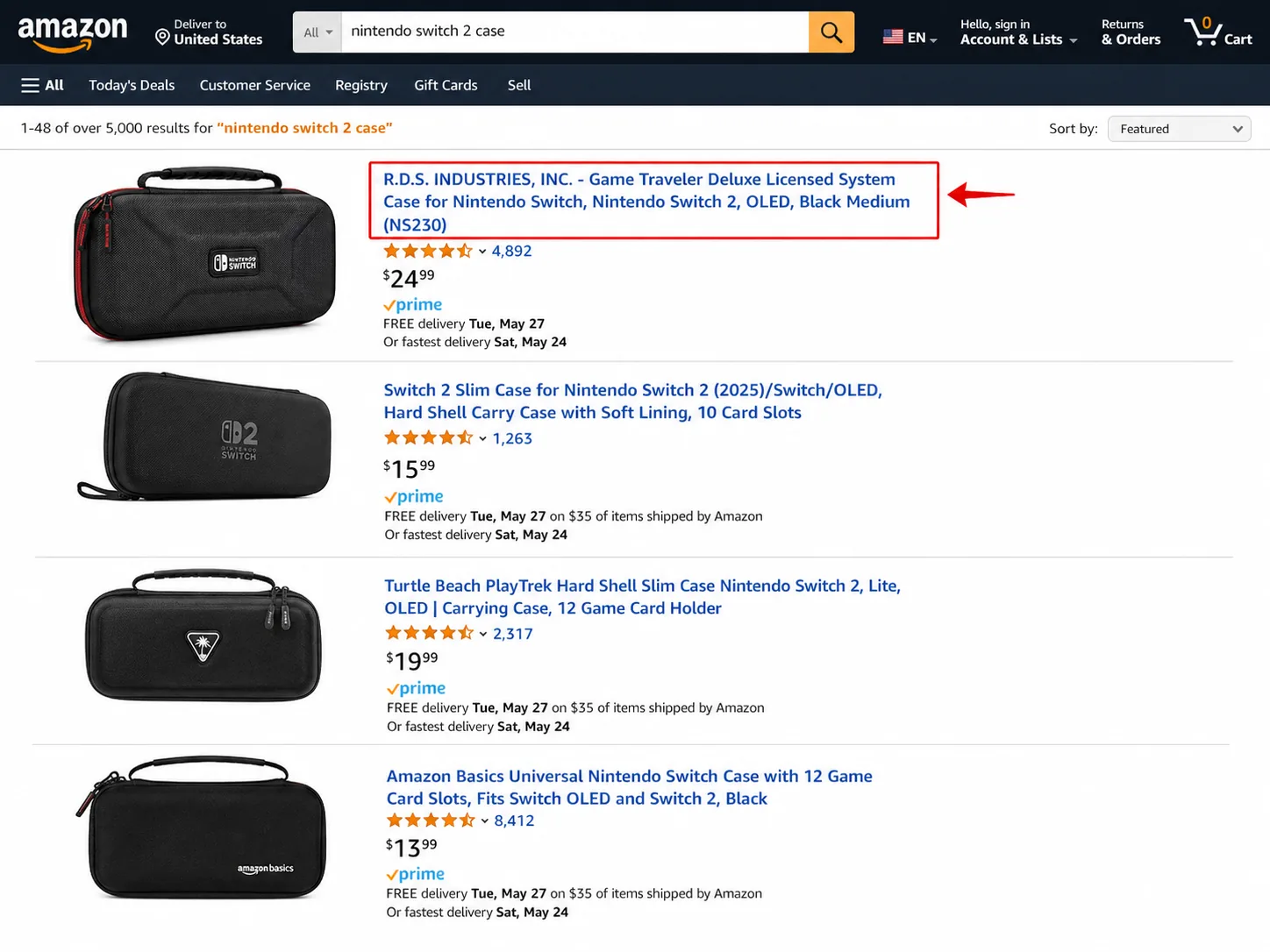 Amazon search results for Nintendo Switch 2 cases showing listing titles that enumerate the console revisions each case fits.