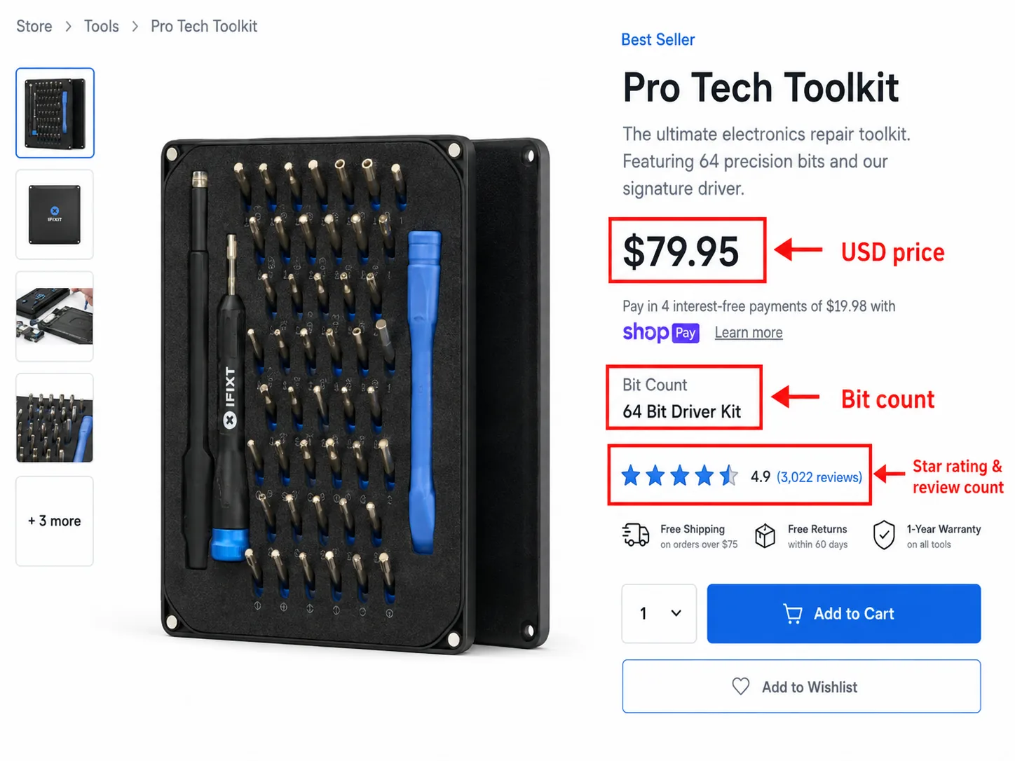 iFixit Pro Tech Toolkit product page showing the toolkit price in US dollars, the bit count and the customer review count.