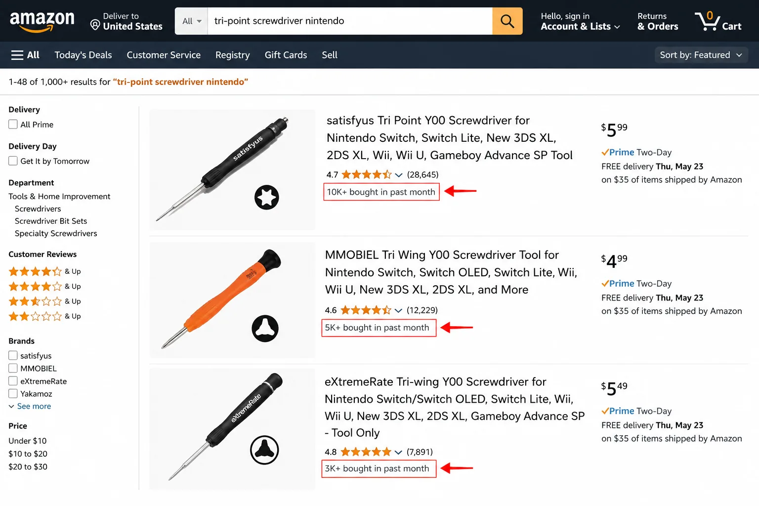 Amazon search results for a Nintendo tri-point screwdriver showing star ratings, review counts and monthly purchase badges on several listings.