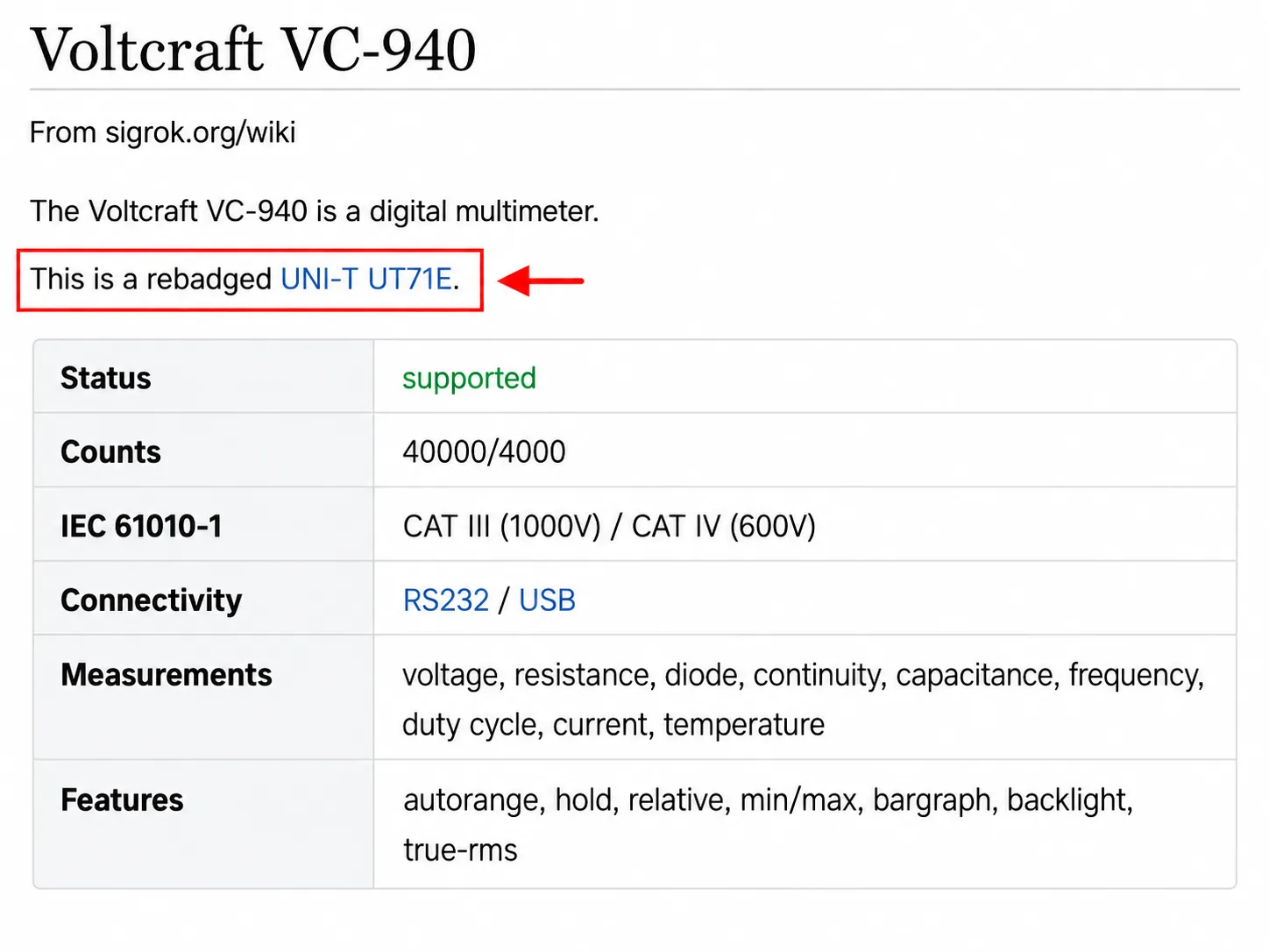 sigrok wiki page for the Voltcraft VC-940 multimeter with the sentence identifying it as a rebadged UNI-T UT71E.