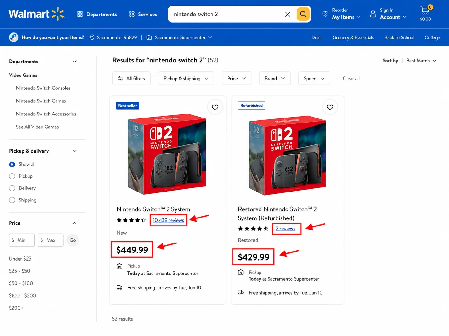 Walmart search results showing a new Nintendo Switch 2 System at $449.99 beside a restored unit at $429.99.