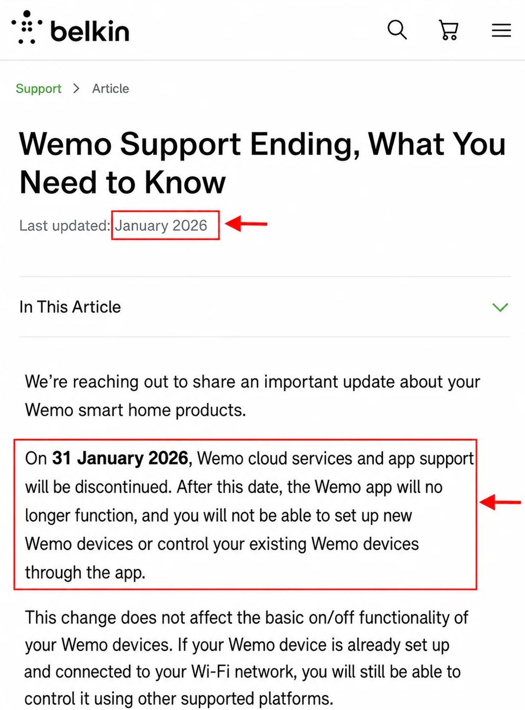 Belkin support page headed Wemo Support Ending showing the January 2026 discontinuation of Wemo cloud services and app support.