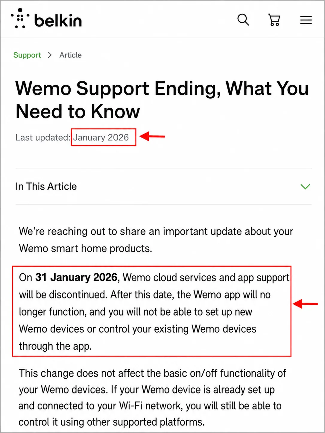 Belkin support page headed Wemo Support Ending showing the January 2026 discontinuation of Wemo cloud services and app support.