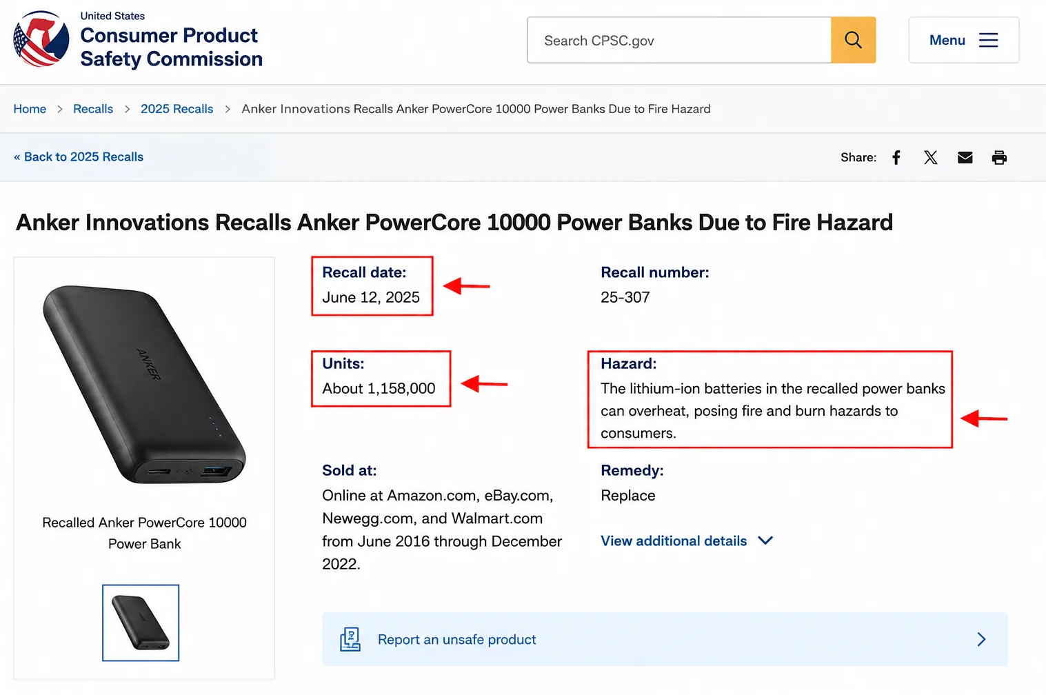 CPSC recall notice for Anker PowerCore 10000 power banks listing the June 2025 recall date, 1,158,000 units and a fire and burn hazard.