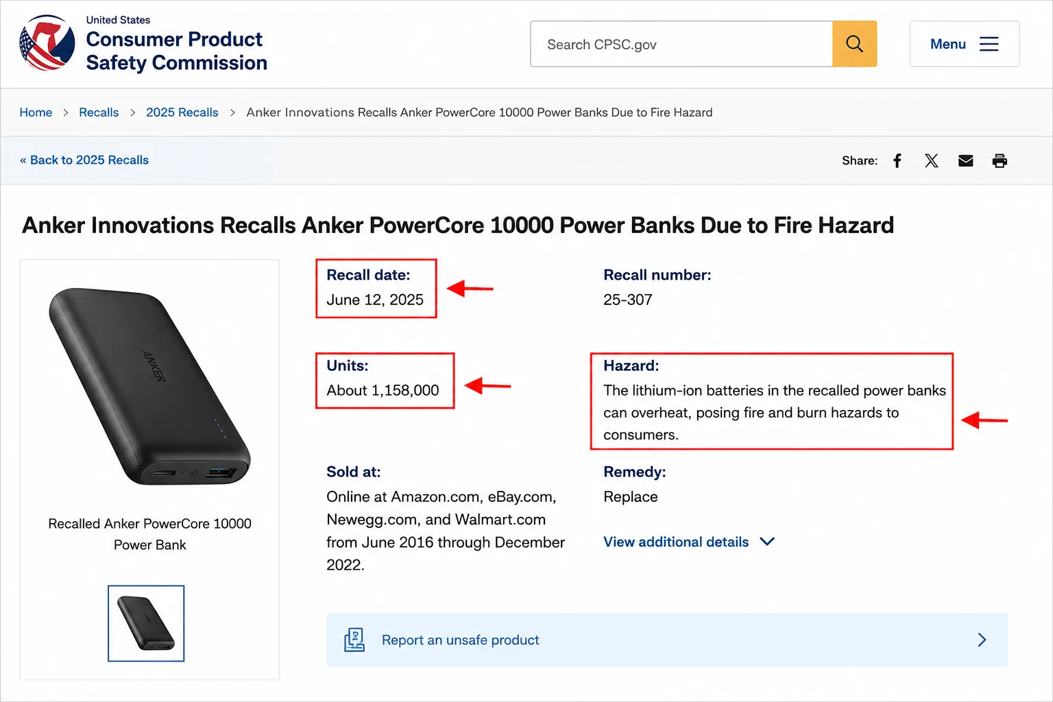 CPSC recall notice for Anker PowerCore 10000 power banks listing the June 2025 recall date, 1,158,000 units and a fire and burn hazard.