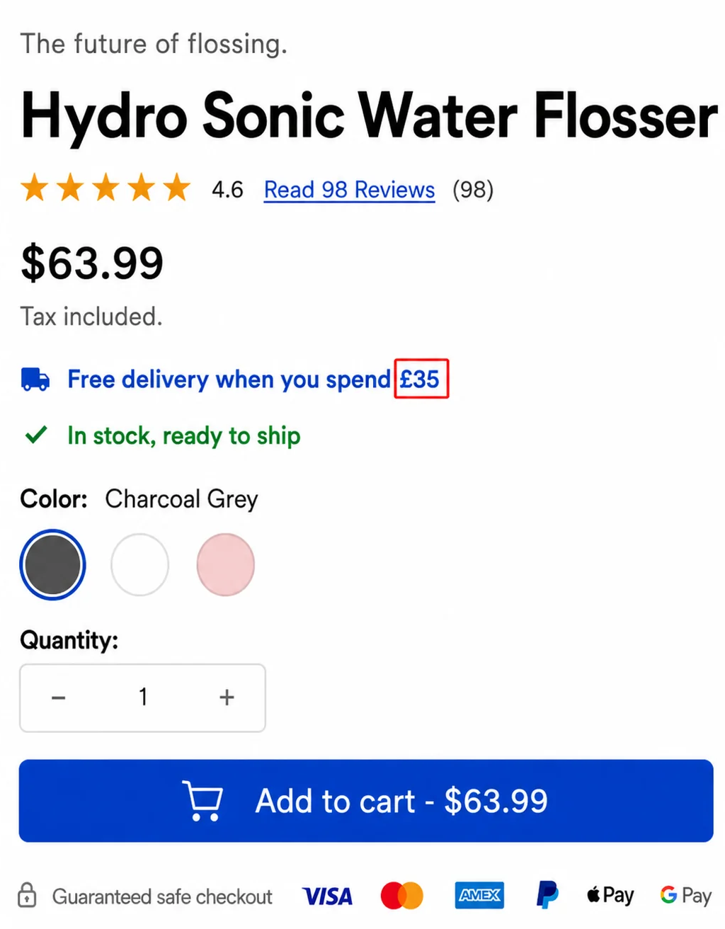 Ordo's US product buy box showing a dollar price and a free-delivery threshold written in pounds.