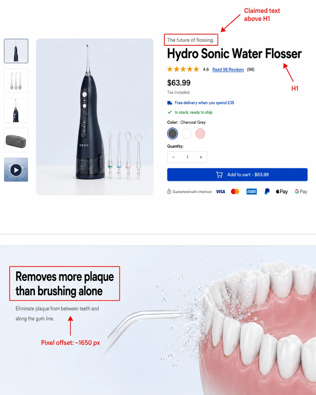 Ordo product page slogan and headline above, plaque-removal benefit heading from further down the same page below.