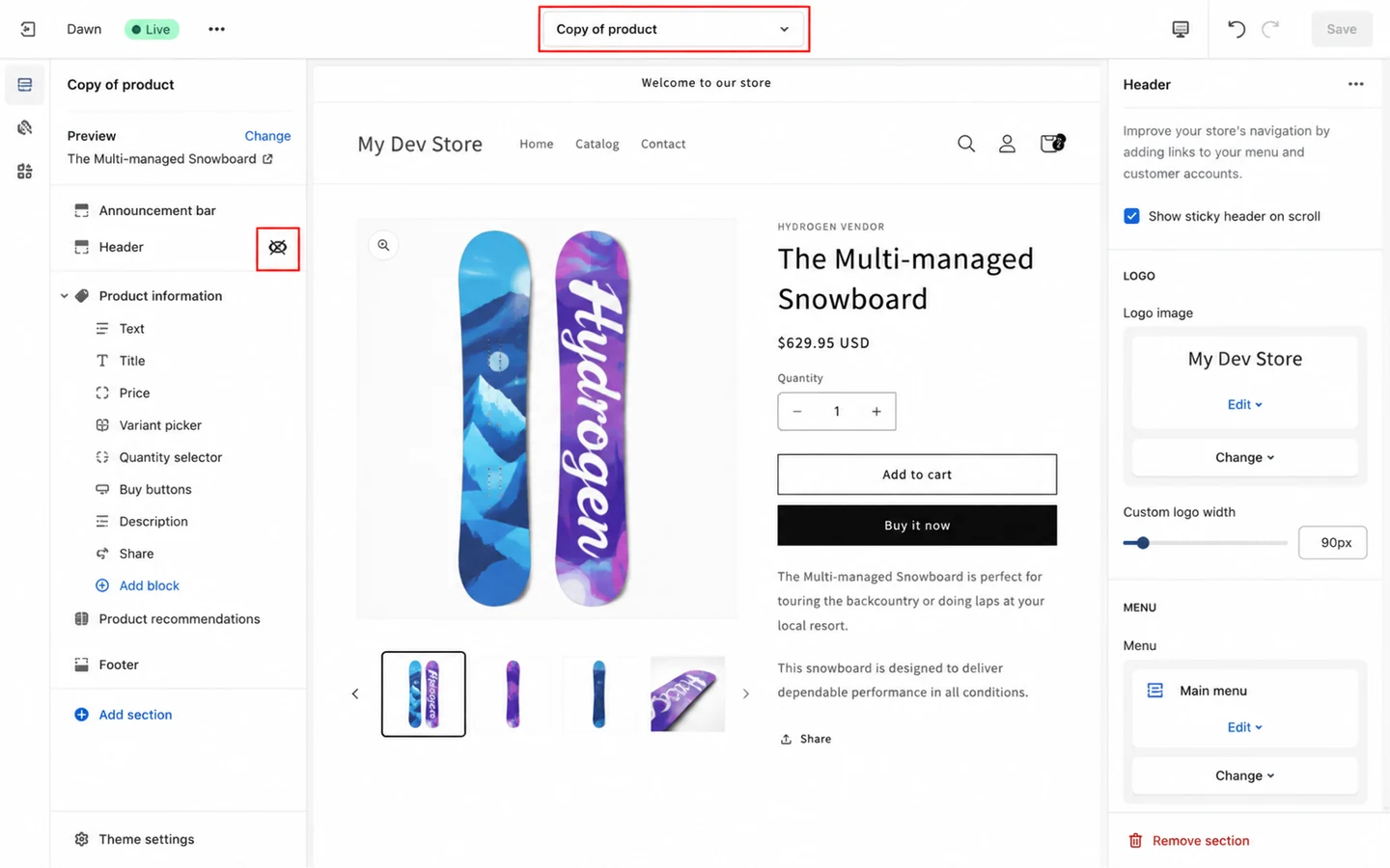 Shopify theme editor with the header section switched off on a duplicated product template.