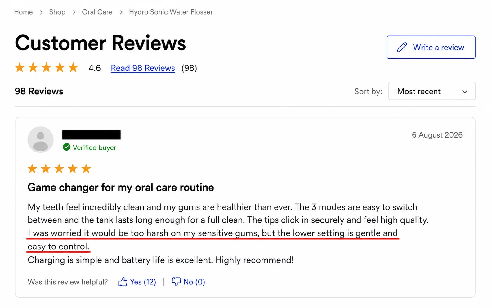A single expanded customer review on Ordo's water flosser page with one sentence underlined.