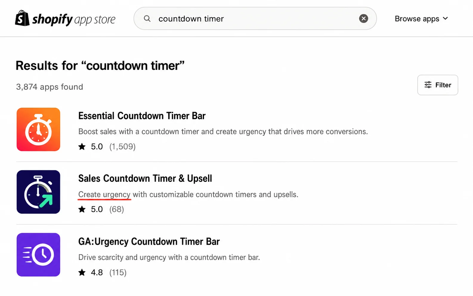 Shopify App Store search results for countdown timer apps with ratings and descriptions.