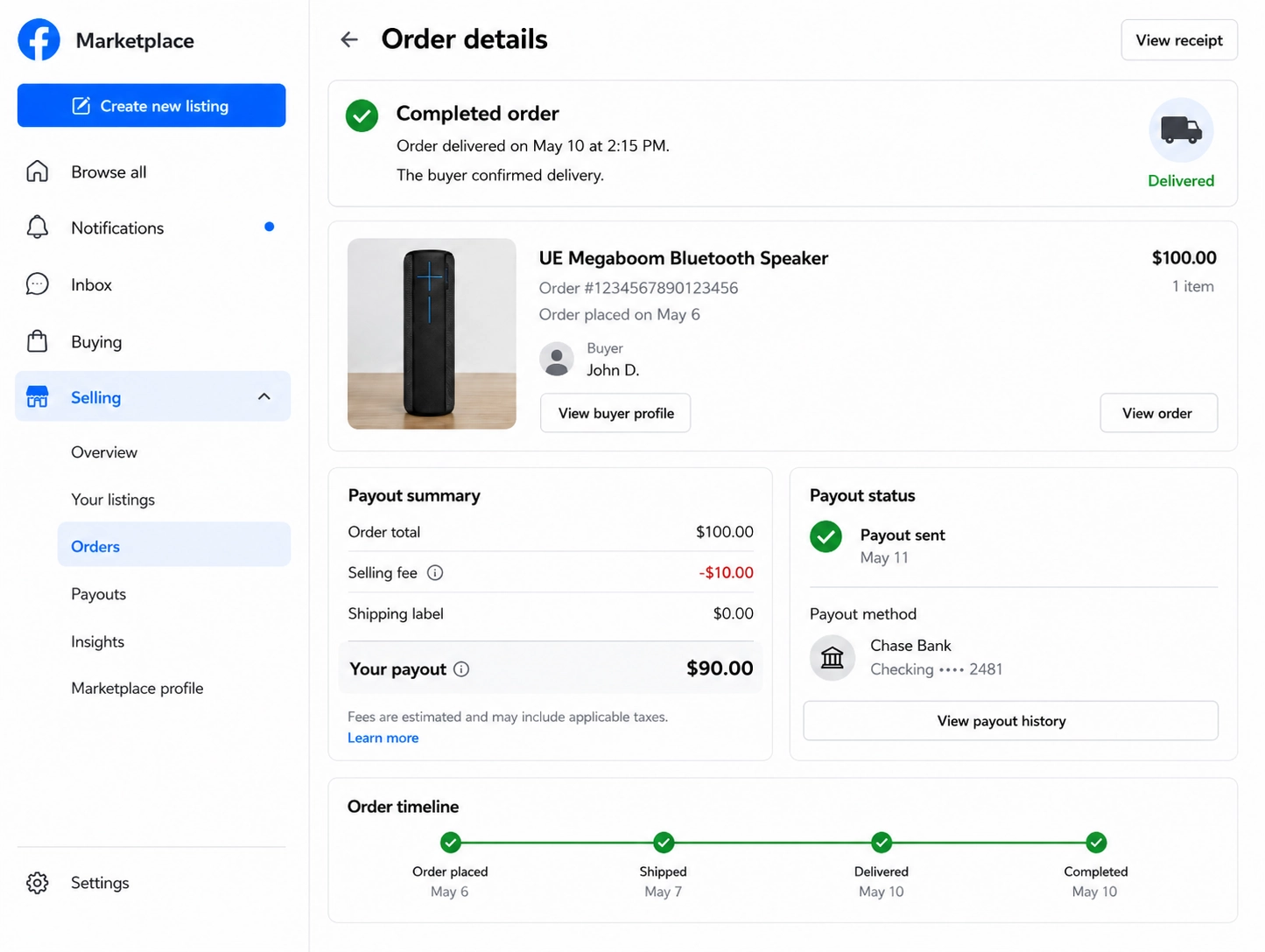 A Facebook Marketplace payout summary showing the selling fee deducted from the order total.