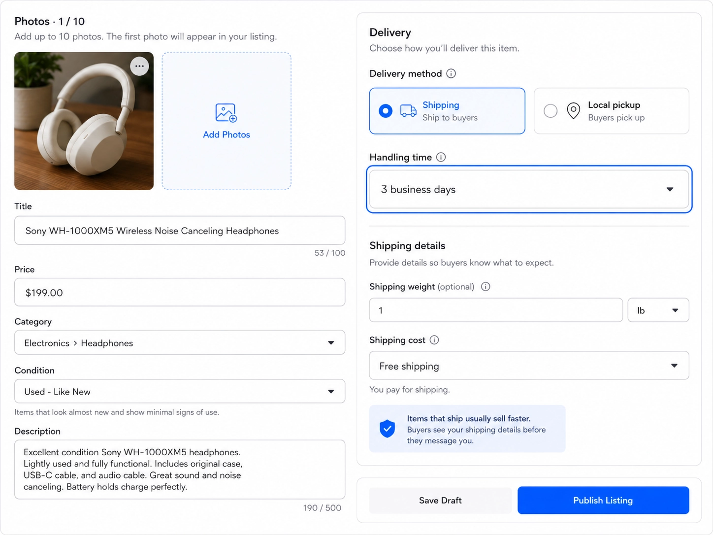 The Facebook Marketplace listing form with Shipping and Local pickup options and the seller-set handling time.