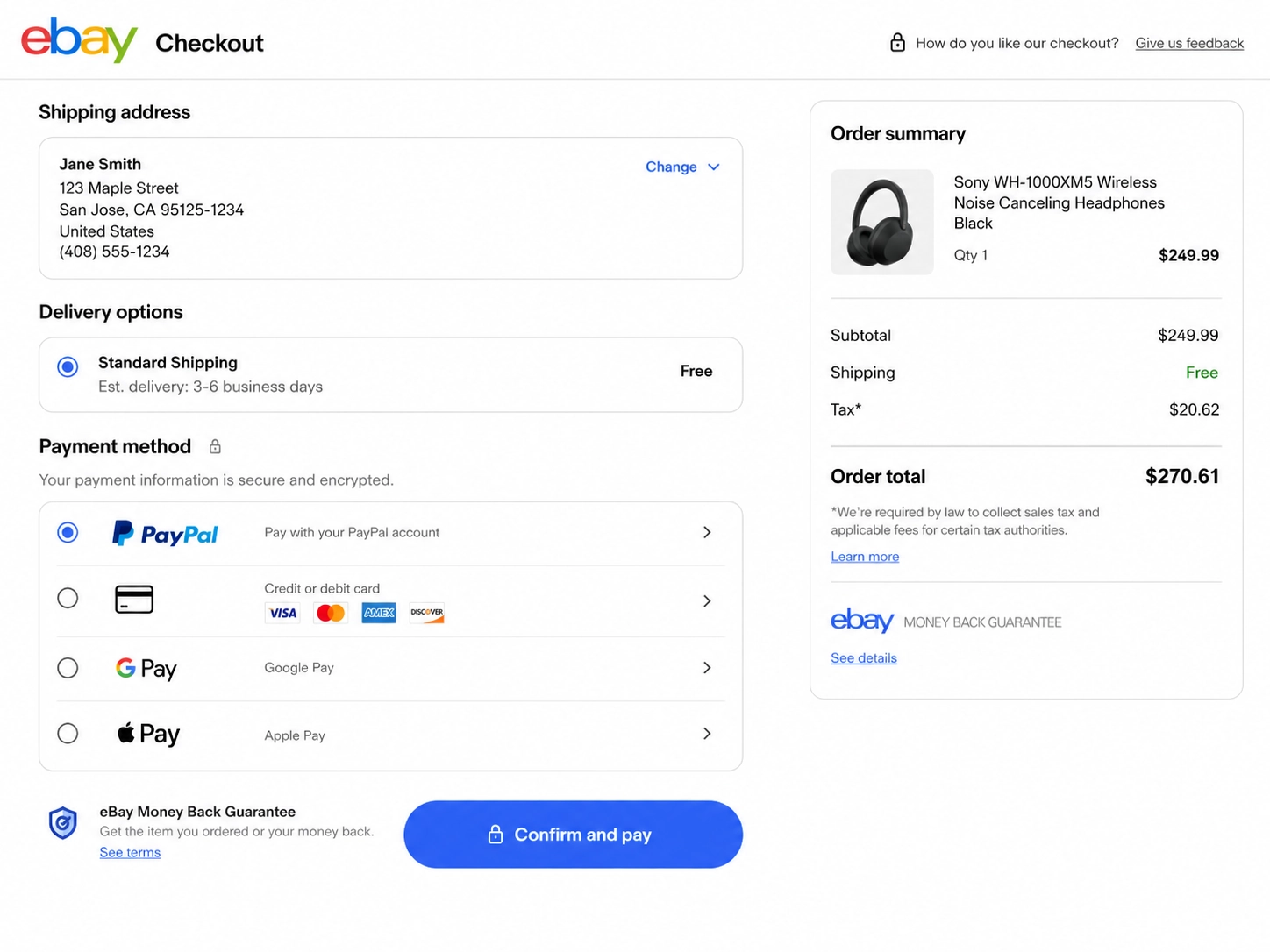 eBay checkout page showing the payment method selector with PayPal listed as an available option