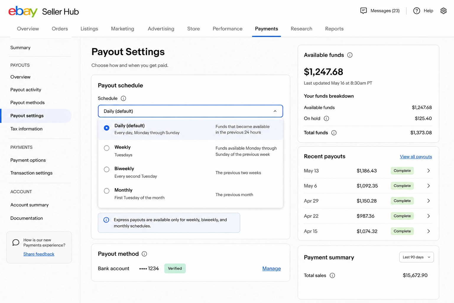 eBay Seller Hub Payments tab with Payout Settings open, showing the payout schedule selector
