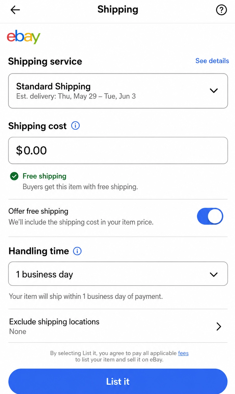 eBay mobile app shipping screen with the shipping cost set to zero
