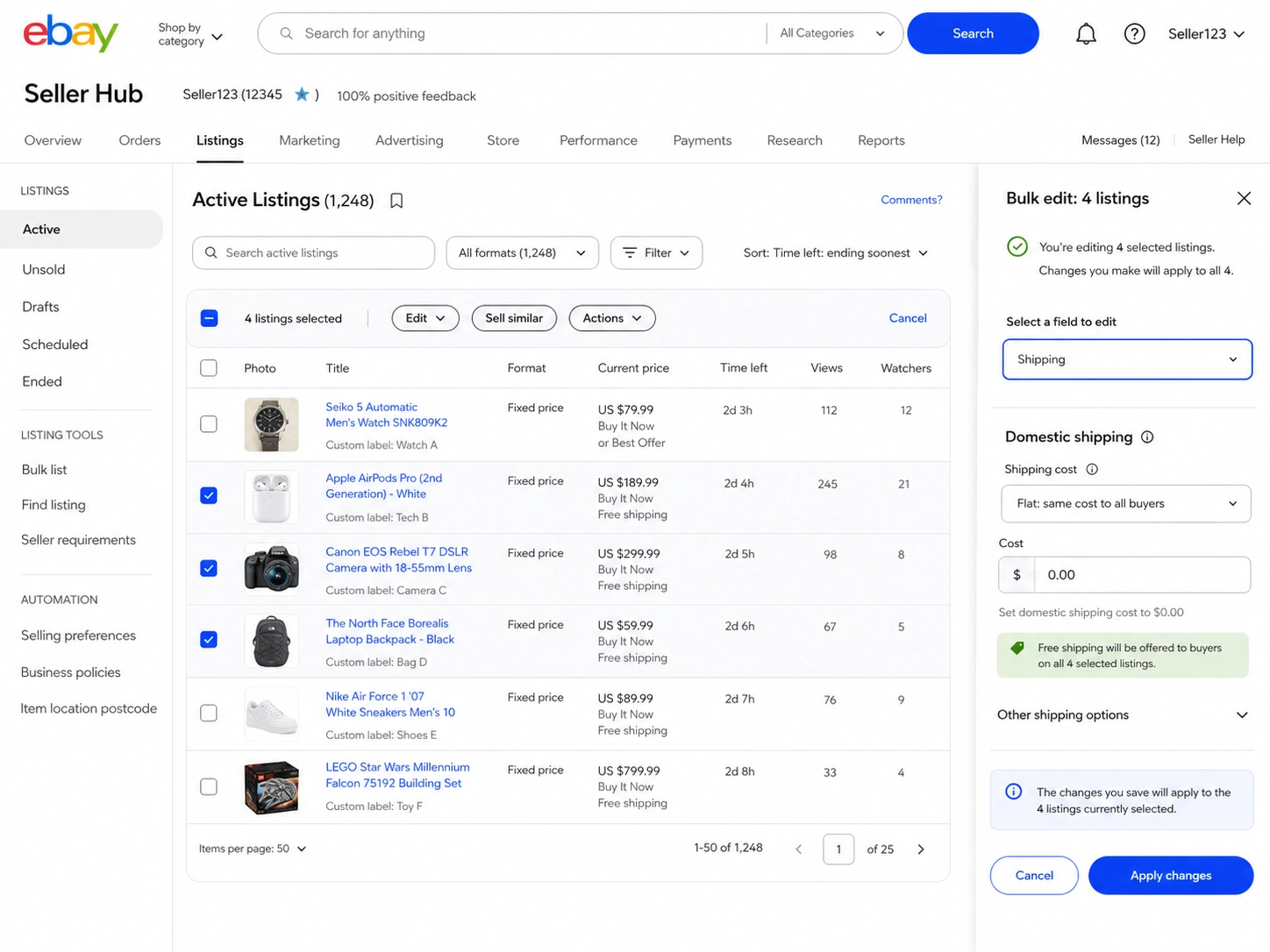 eBay Seller Hub bulk edit screen with the shipping field selected across multiple listings