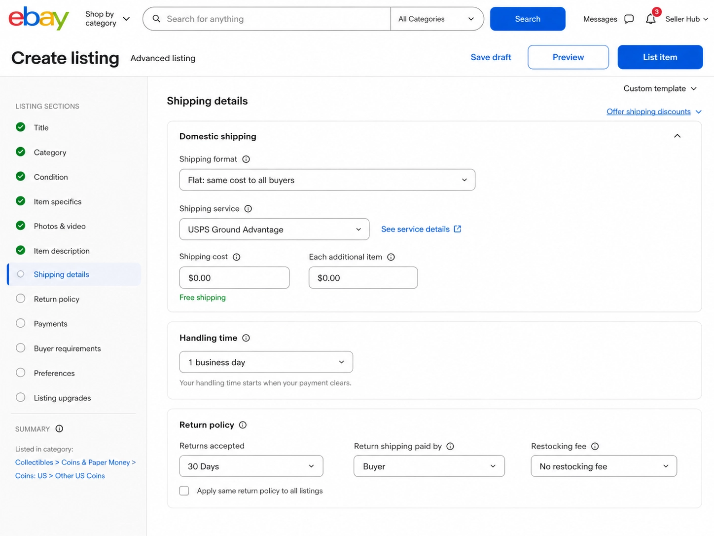 eBay advanced listing tool Shipping details panel with flat rate set to $0.00