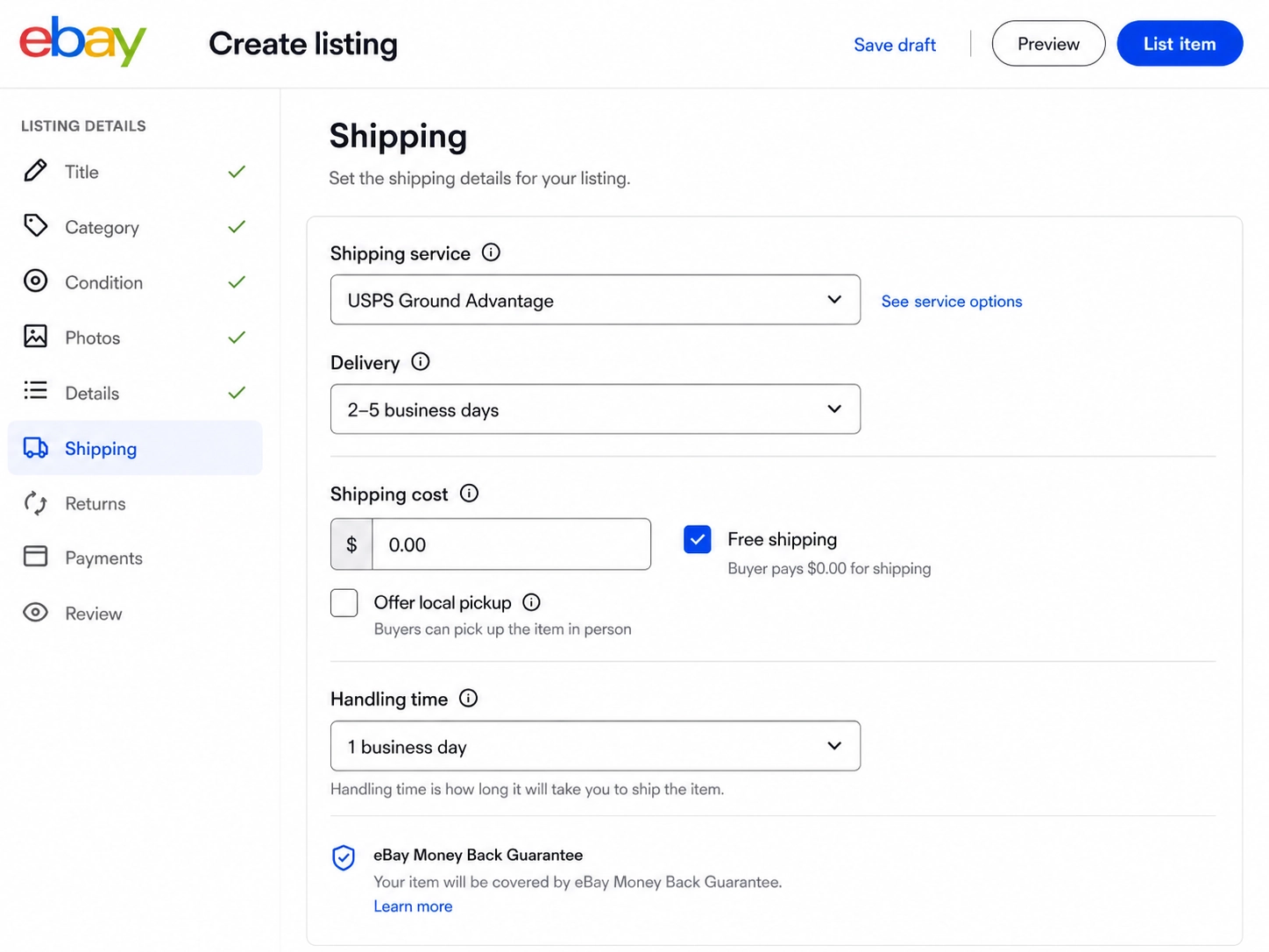 eBay quick listing tool with the Shipping section open and the free shipping option visible