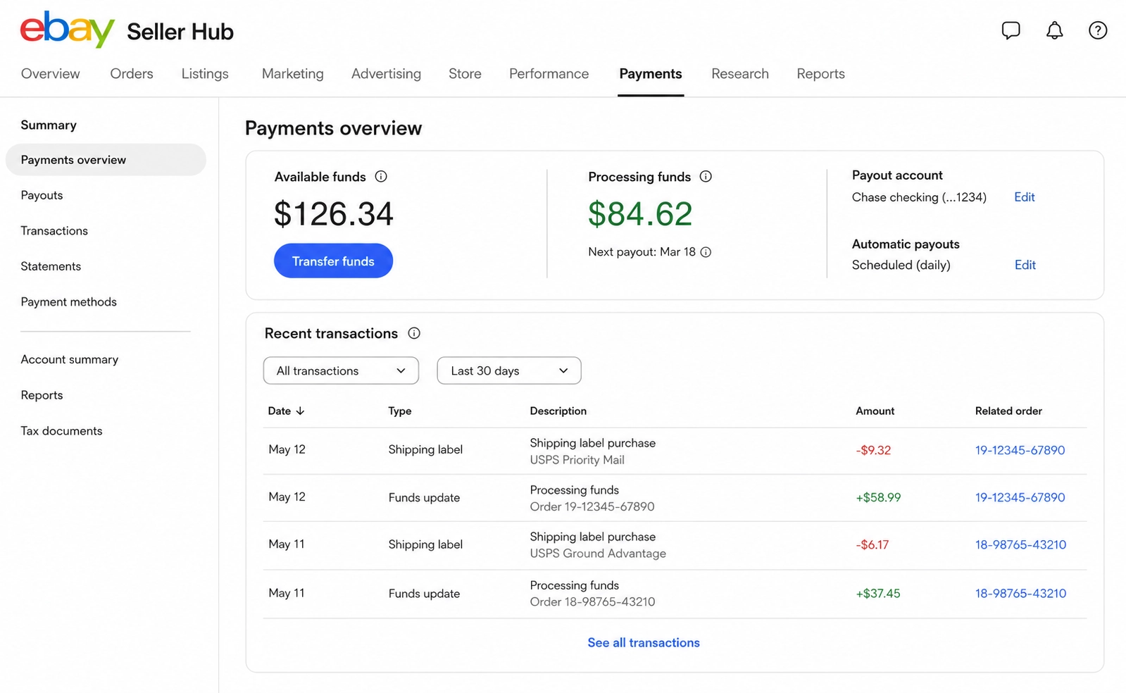 eBay Seller Hub payments dashboard showing Processing funds alongside a shipping label charge