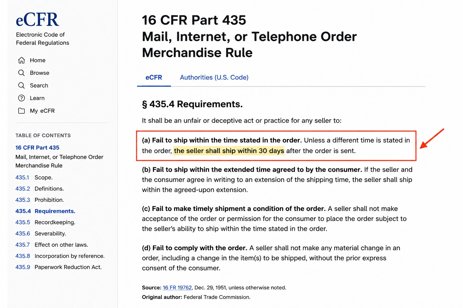 eCFR page showing the 16 CFR Part 435 shipping time requirement and thirty day default.