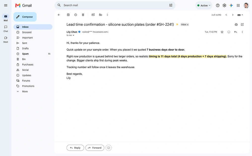 Supplier email showing the quoted 7-day lead time revised to 11 days