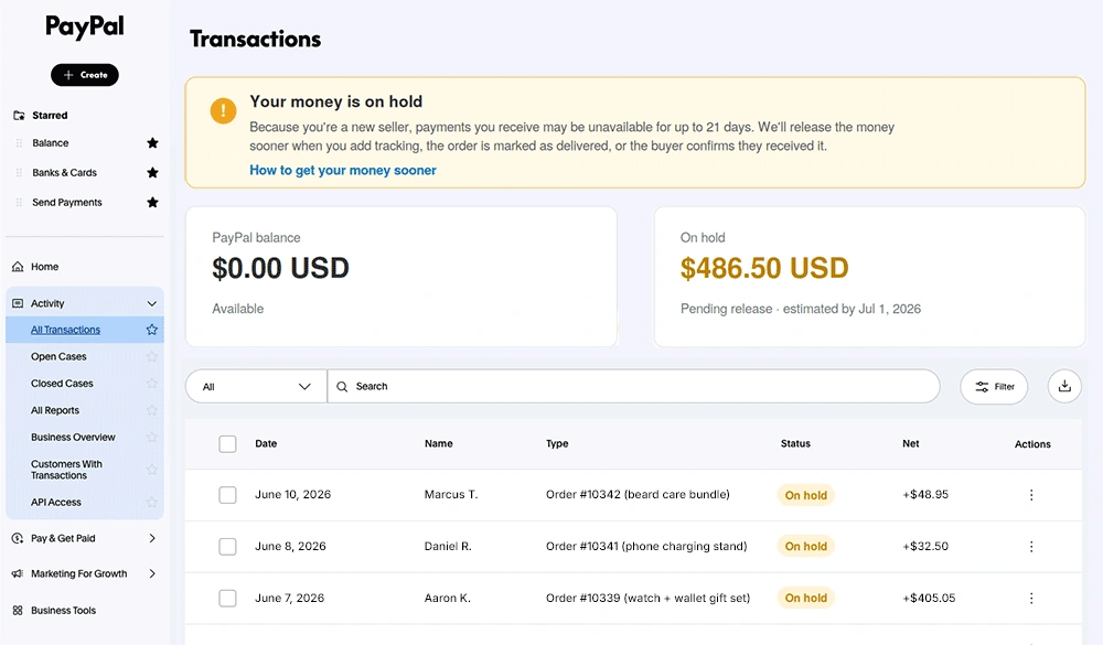 PayPal seller dashboard showing new-seller payment holds of up to 21 days on recent orders