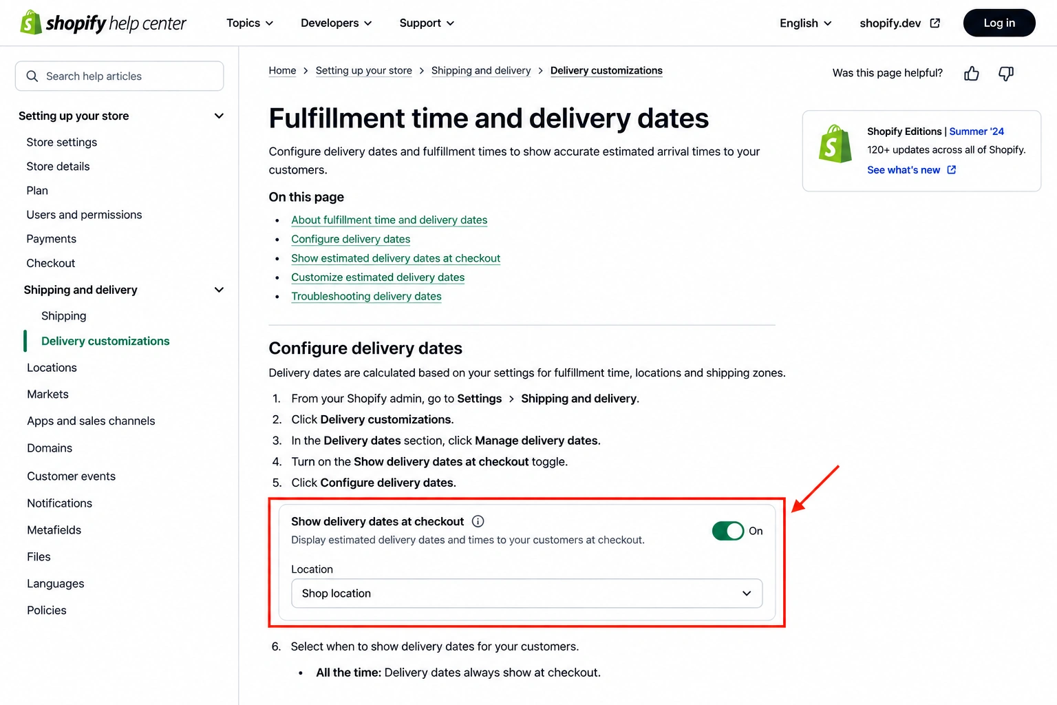 Shopify Help Center page covering fulfillment time and delivery date settings.