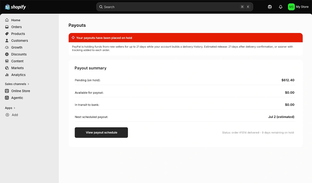 Store admin payouts page showing the first payout on a 21-day hold