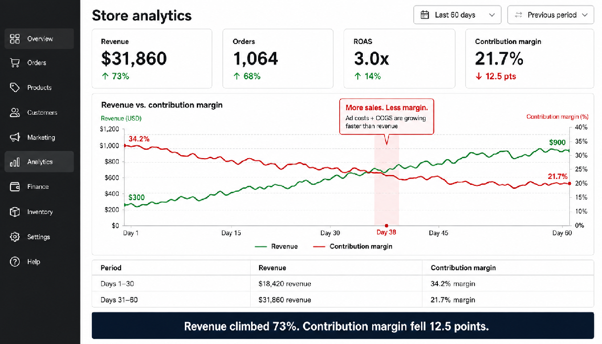 tore's analytics showing rising revenue 