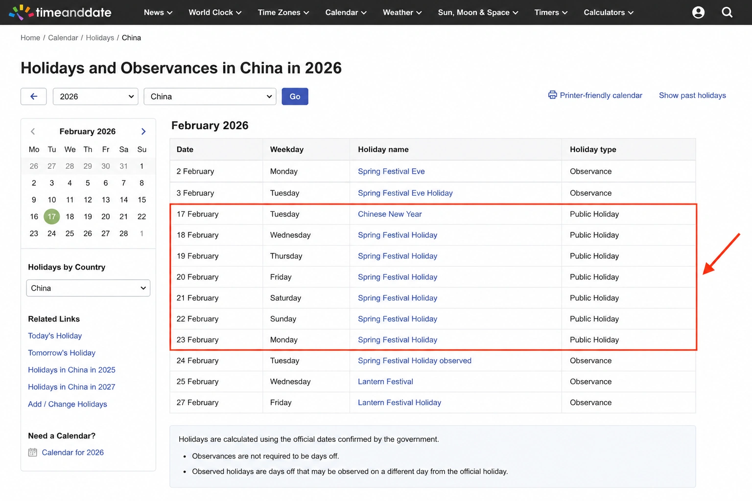 China 2026 holiday calendar showing Chinese New Year and the Spring Festival holiday run in February