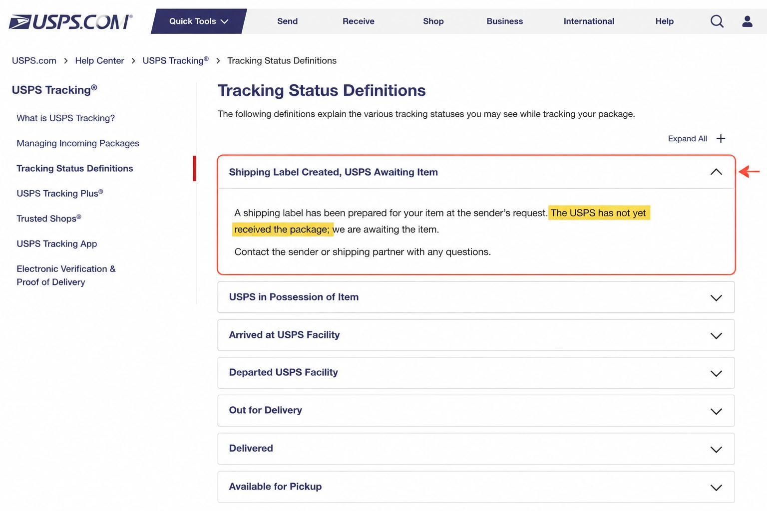 USPS tracking help page explaining the Shipping Label Created status