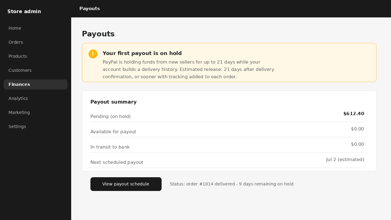 Store admin payouts page showing the first payout on a 21-day hold