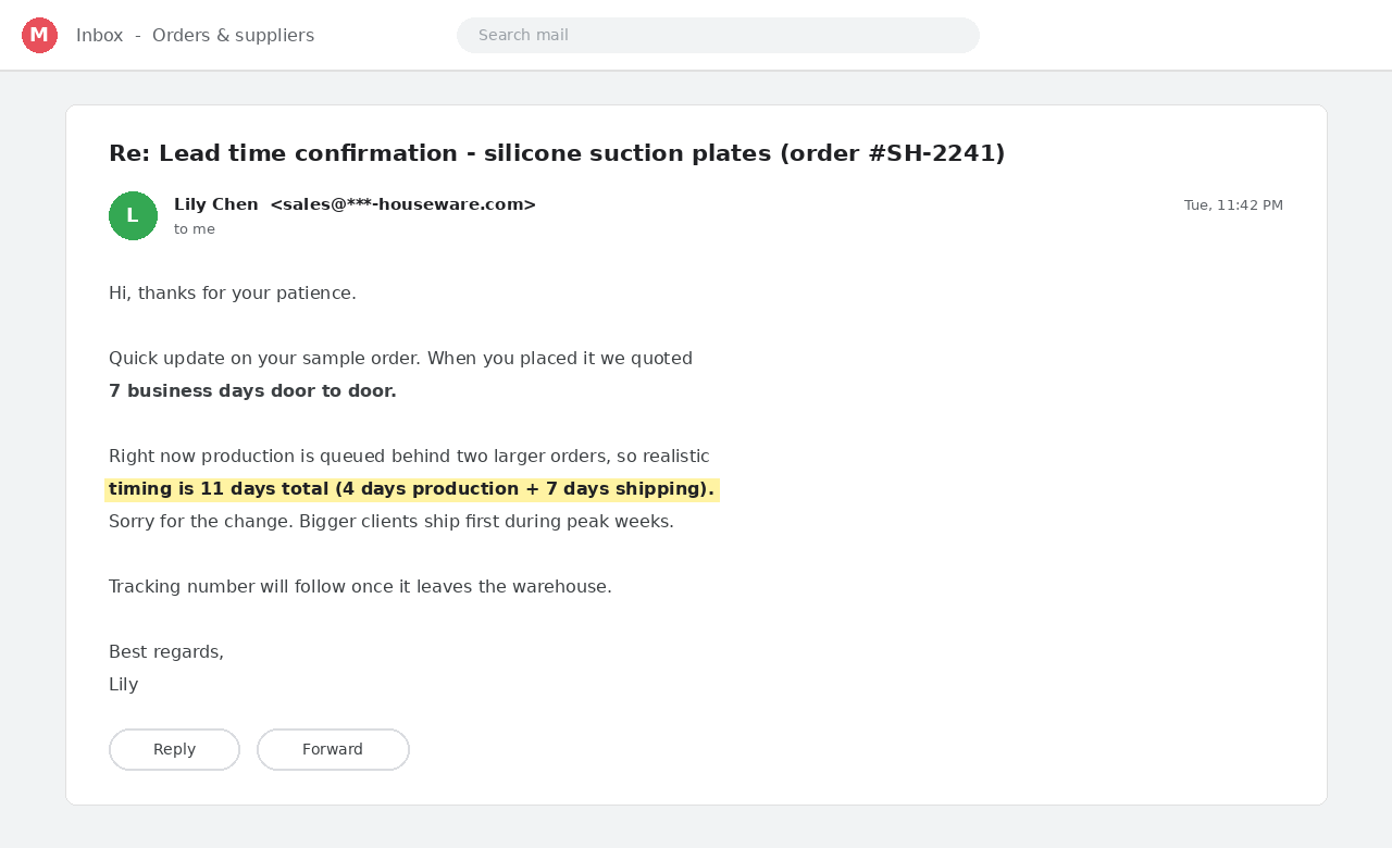 Supplier email showing the quoted 7-day lead time revised to 11 days