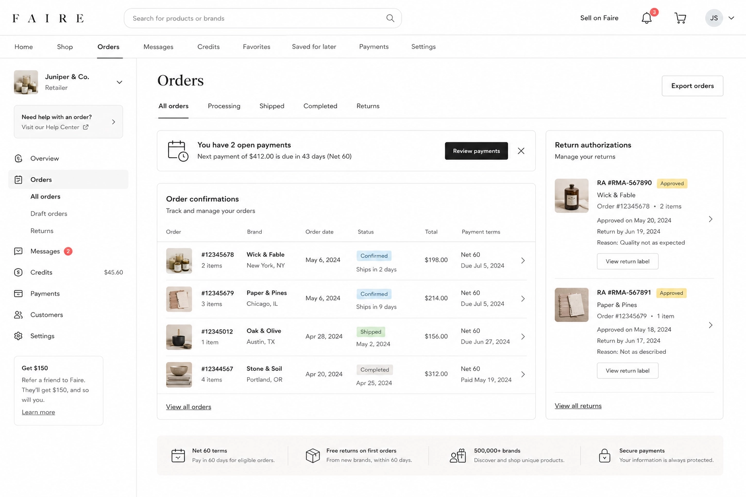 Faire User Orders Page